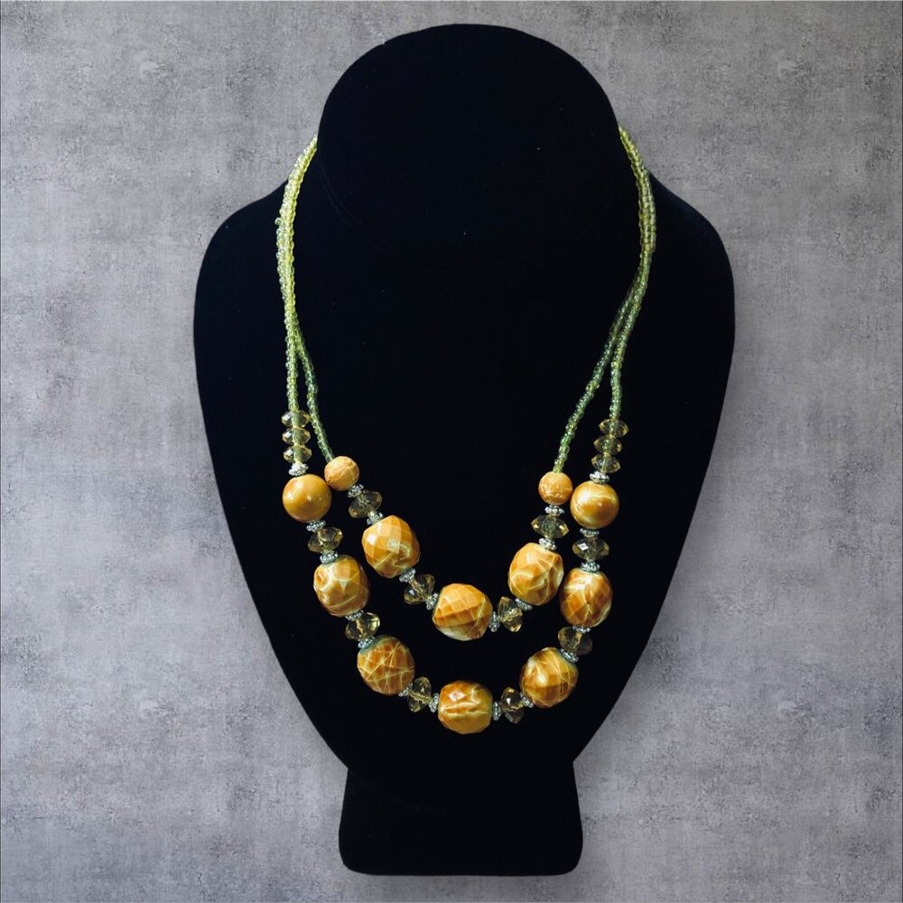Double-Strand Beaded Necklace With Yellow & Orange Marbled Beads